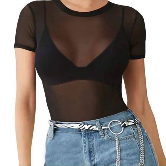 #320 FOREVER 21 Black Sheer Bodysuit - Picture 1 of 7